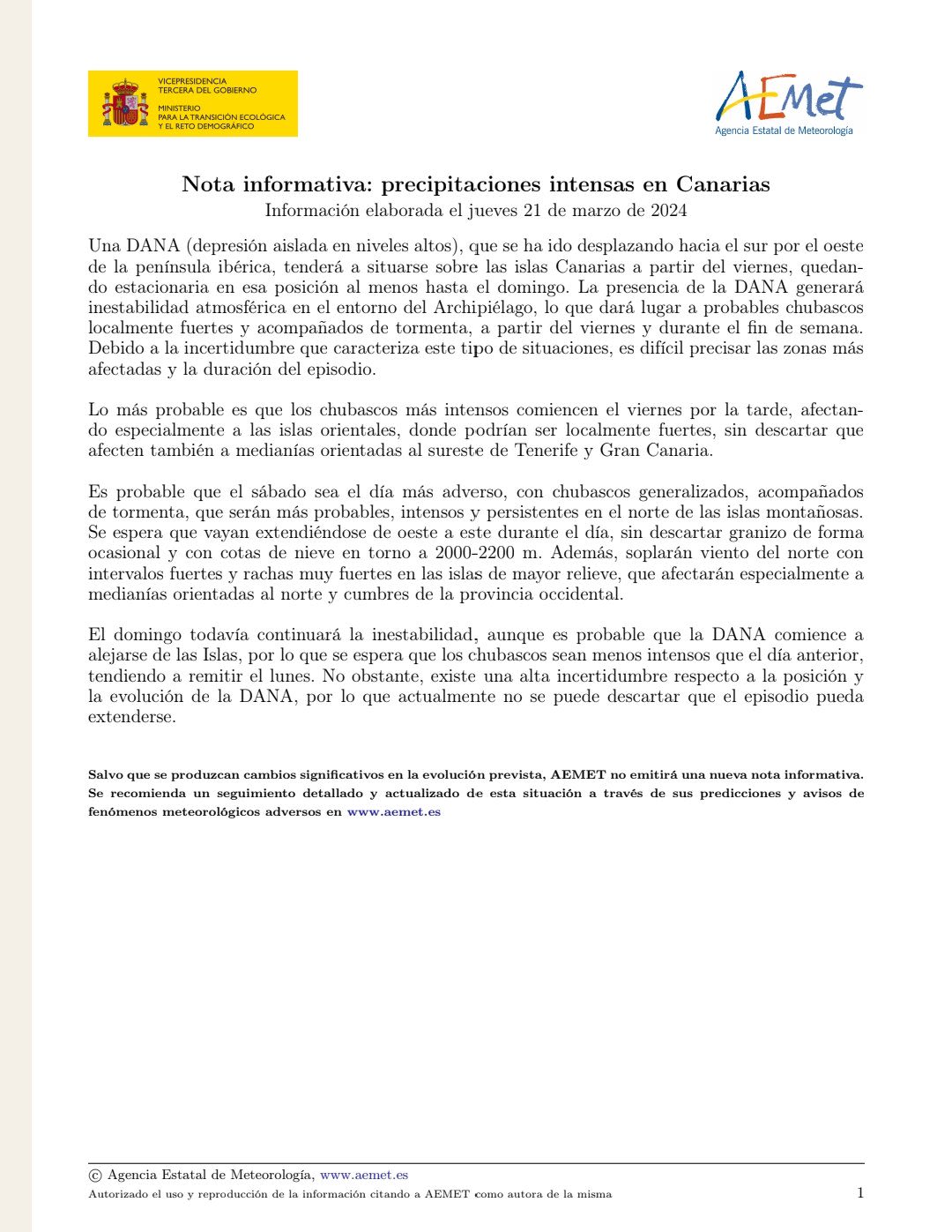 aemet warning intense rainfall canary islands march 2024